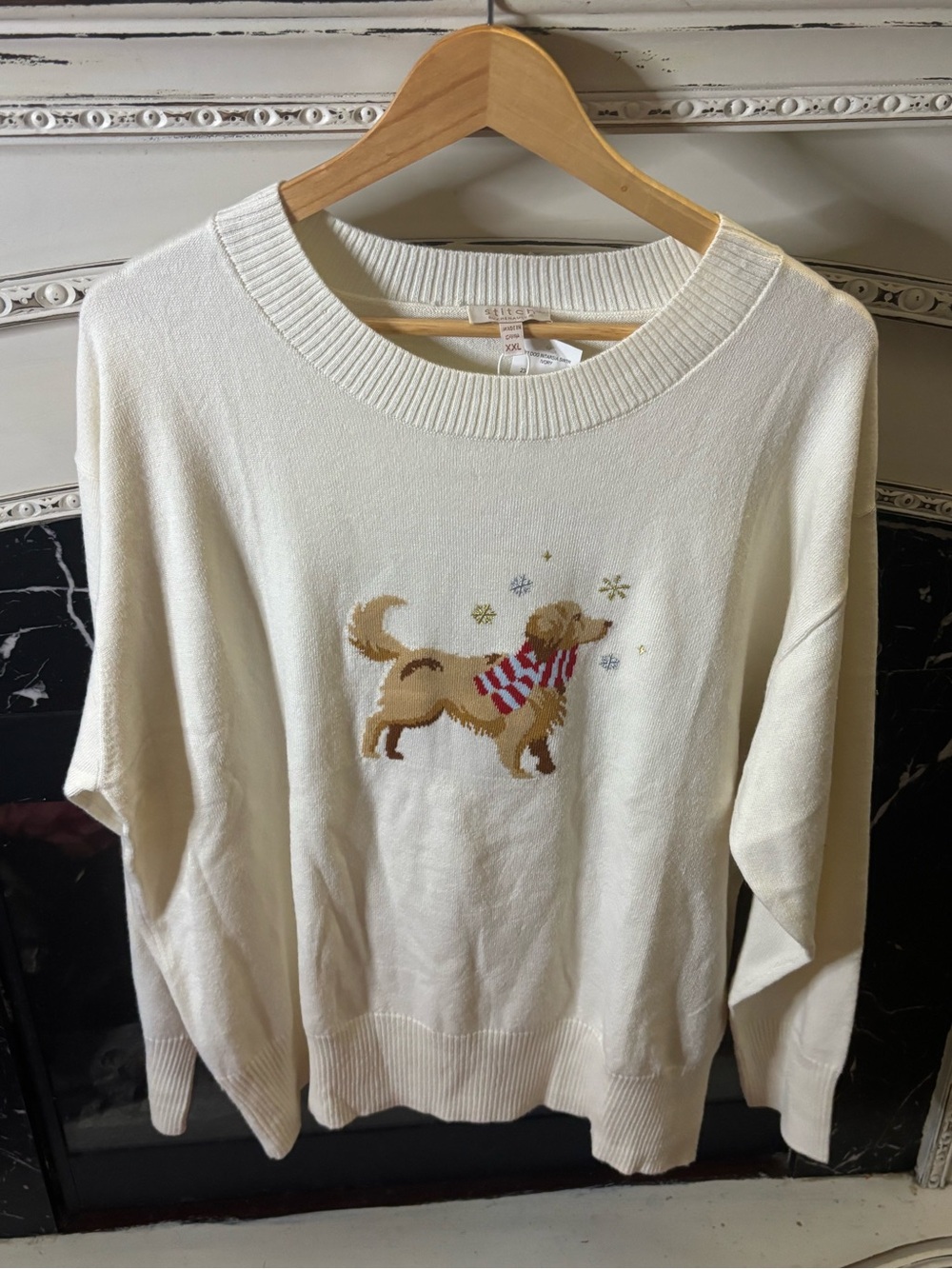 Chenault Cream Sweater with Dog Intarsia and Red Scarf